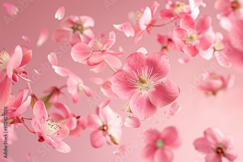 Fresh quince blossom  beautiful pink flowers falling in the air isolated on pink background. Zero gravity or levitation  spring flowers conception  high resolution image - generative ai