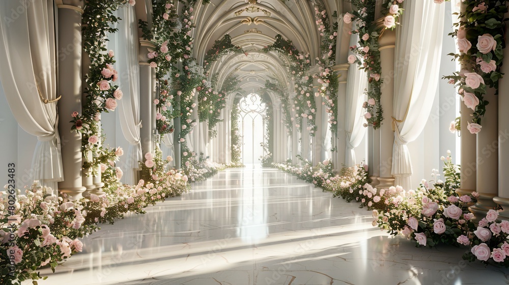 The AI-generated photo shows a beautiful wedding venue with a long aisle, decorated with flowers and greenery.