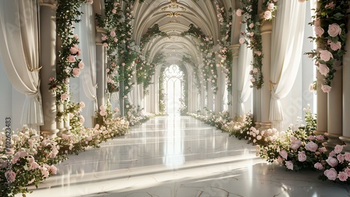 The AI-generated photo shows a beautiful wedding venue with a long aisle, decorated with flowers and greenery. © Tida