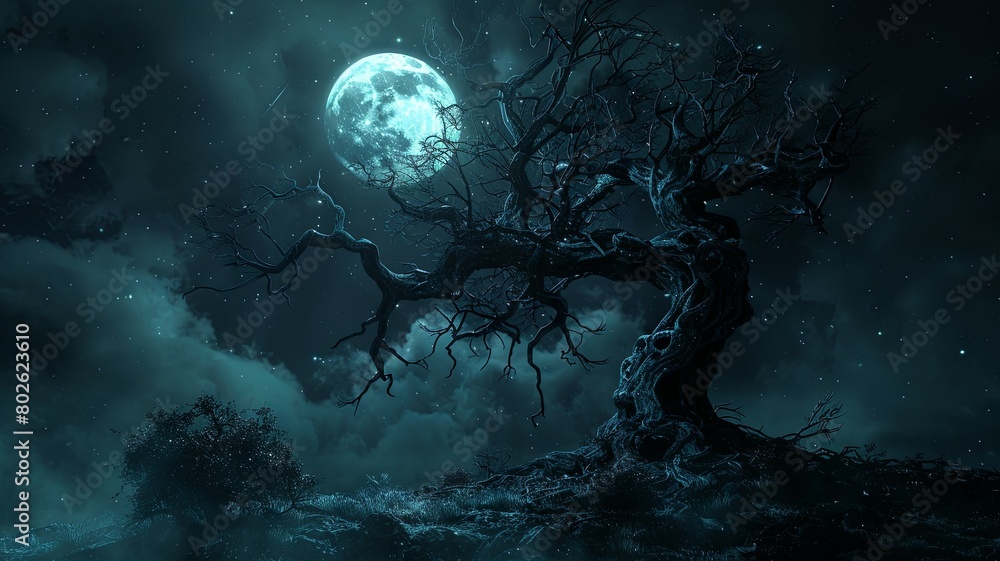 Twisted tree under a mystical moon - A mystical scene featuring a twisted, barren tree under a glowing moon against a dark blue starlit night sky Twisted tree under a mystical moon - A mystical scene featuring a twisted, barren tree under a glowing moon against a dark blue starlit night sky