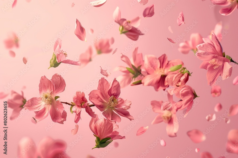 Fresh quince blossom, beautiful pink flowers falling in the air isolated on pink background. Zero gravity or levitation, spring flowers conception, high resolution image - generative ai Fresh quince blossom, beautiful pink flowers falling in the air isolated on pink background. Zero gravity or levitation, spring flowers conception, high resolution image - generative ai