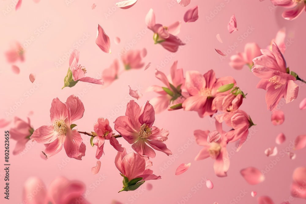 Fresh quince blossom, beautiful pink flowers falling in the air isolated on pink background. Zero gravity or levitation, spring flowers conception, high resolution image - generative ai