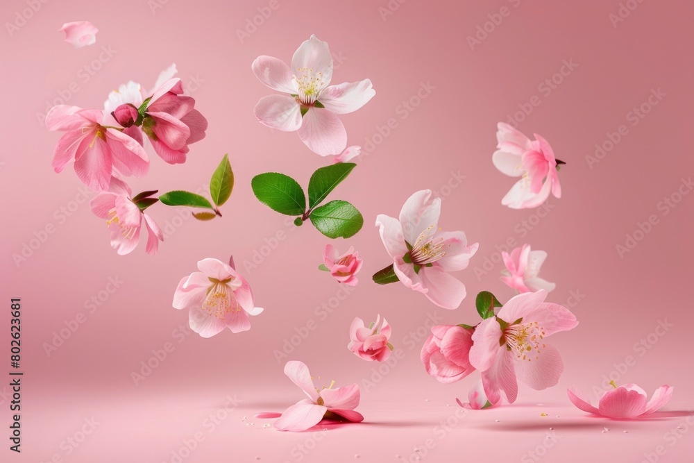 Fresh quince blossom, beautiful pink flowers falling in the air isolated on pink background. Zero gravity or levitation, spring flowers conception, high resolution image - generative ai Fresh quince blossom, beautiful pink flowers falling in the air isolated on pink background. Zero gravity or levitation, spring flowers conception, high resolution image - generative ai