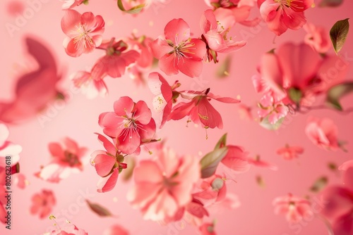 Fresh quince blossom, beautiful pink flowers falling in the air isolated on pink background. Zero gravity or levitation, spring flowers conception, high resolution image - generative ai