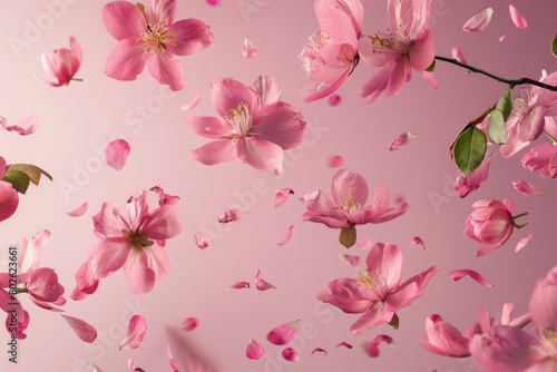 Fresh quince blossom, beautiful pink flowers falling in the air isolated on pink background. Zero gravity or levitation, spring flowers conception, high resolution image - generative ai