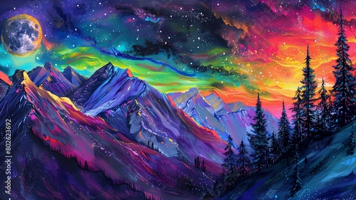 A beautiful landscape painting of a mountain range at night. The sky is a deep blue and the mountains are a dark purple. The painting is done in a realistic style and the colors are vibrant and lifeli photo