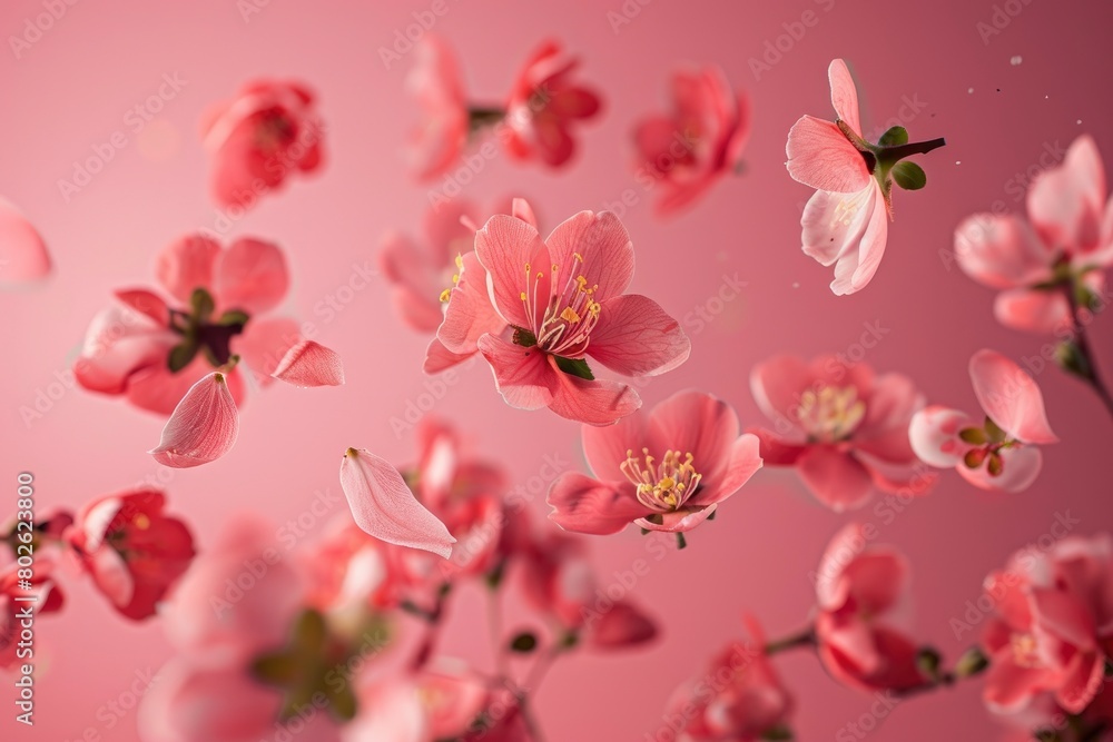 Fresh quince blossom, beautiful pink flowers falling in the air isolated on pink background. Zero gravity or levitation, spring flowers conception, high resolution image - generative ai Fresh quince blossom, beautiful pink flowers falling in the air isolated on pink background. Zero gravity or levitation, spring flowers conception, high resolution image - generative ai
