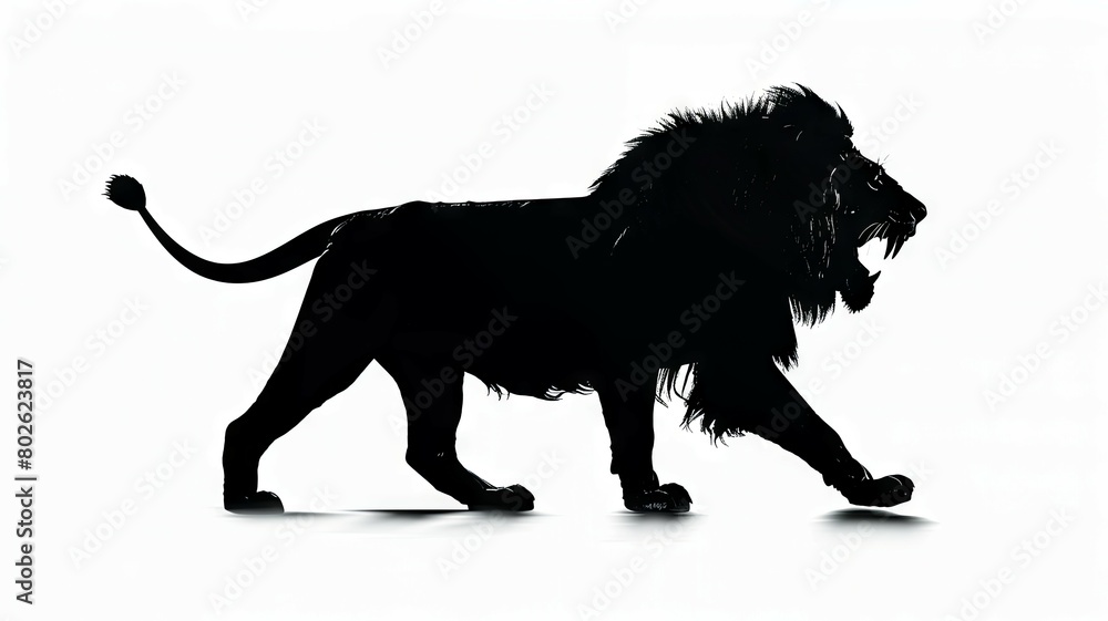 The image shows a black lion in silhouette, walking with its head turned to the side. The background is white.