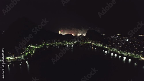 Reveillon New Years fireworks in Copacabana, Aerial view from Lagoa Rodrigo de Freitas, Rio de Janeiro, Brazil. photo