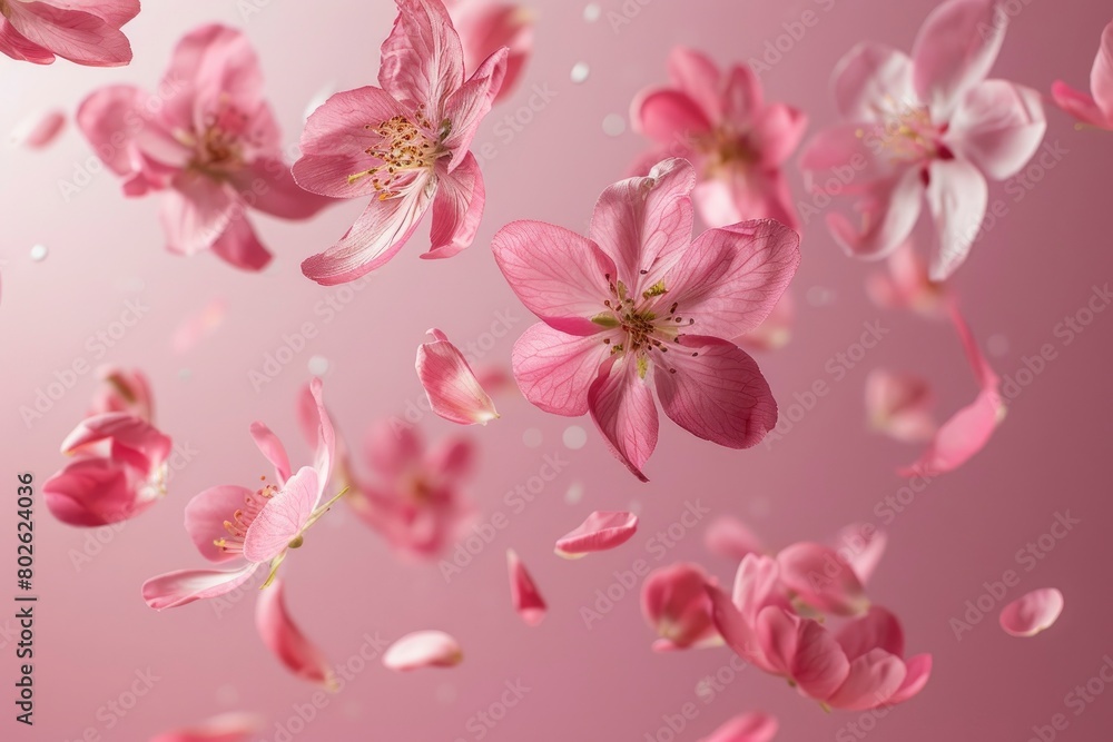 Fresh quince blossom, beautiful pink flowers falling in the air isolated on pink background. Zero gravity or levitation, spring flowers conception, high resolution image - generative ai Fresh quince blossom, beautiful pink flowers falling in the air isolated on pink background. Zero gravity or levitation, spring flowers conception, high resolution image - generative ai