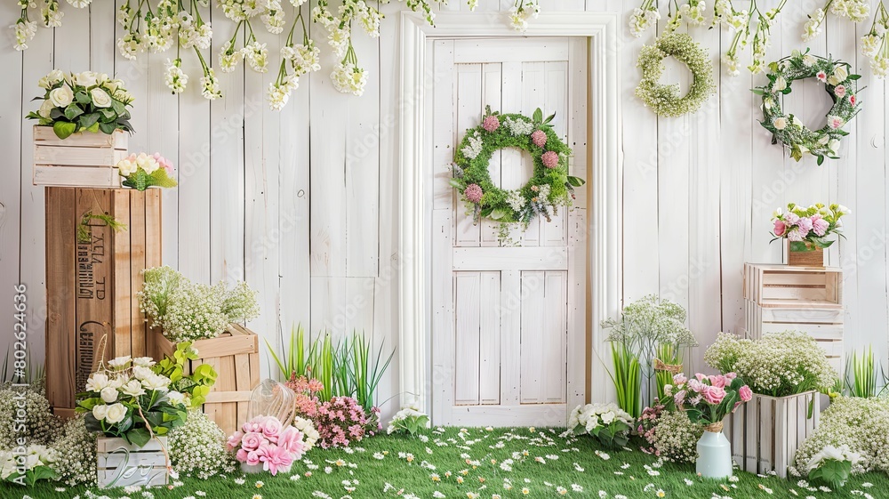 White wooden door with a wreath on it. There are flowers and plants around the door. The background is a whitewashed wooden fence. The floor is green grass.