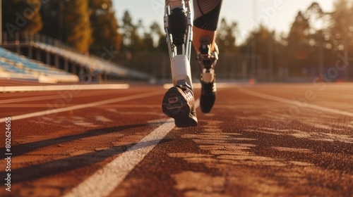 A person with a robotic leg running on a track effortlessly adapting to changes in speed and terrain thanks to neural integration and realtime data analysis..