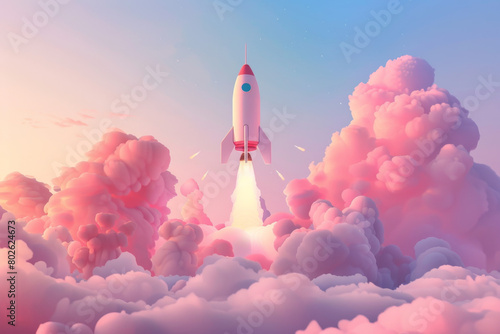 Concept of a rocket taking off from the ground with smoke and clouds. Space travel or a new business launch concept. Cartoon illustration. Soft pastel colors, 3D rendering.