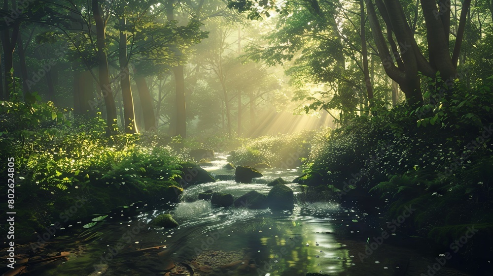 The photo shows a beautiful landscape with a river flowing through a forest. The sun is shining through the trees and there is a green moss on the rocks in the river.