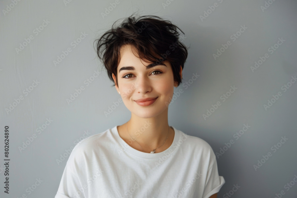 Woman, calm and gray background in portrait with smile for learning, education or confident for college. Student, simple and studio with happiness or pride for university, joy in New York or USA Woman, calm and gray background in portrait with smile for learning, education or confident for college. Student, simple and studio with happiness or pride for university, joy in New York or USA