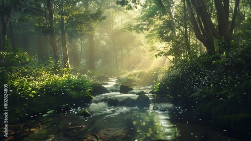 The photo shows a beautiful landscape with a river flowing through a forest. The sun is shining through the trees and there is a green moss on the rocks in the river.