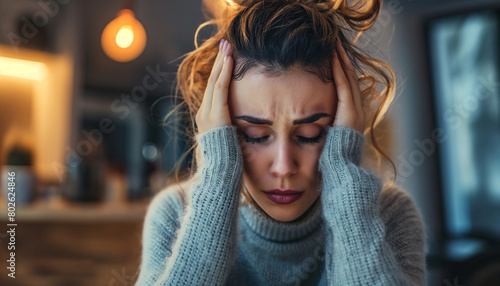 Female headache, problem of migraine and depression, stress woman concept