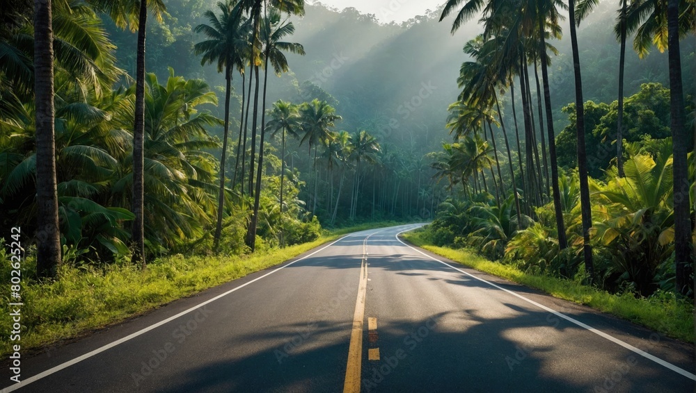 road with palm trees and a sunbeam in the distance