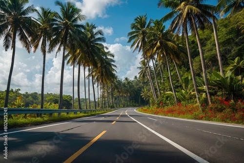 view of a road with palm trees and a blue sky