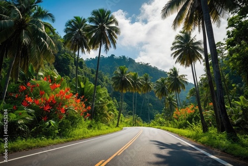 a road among forest with trees and bushes on both sides