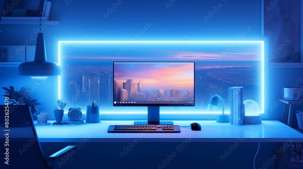 A top-of-the-line desktop PC placed on a transparent glass table, framed by the refreshing atmosphere of light blue walls and bathed in the gentle glow of ambient lighting, creating an ideal setting f