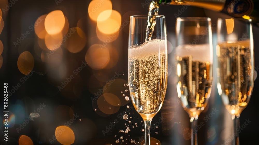 A glass of sparkling champagne being poured into delicate flutes adding a touch of elegance to the evening. A glass of sparkling champagne being poured into delicate flutes adding a touch of elegance to the evening.