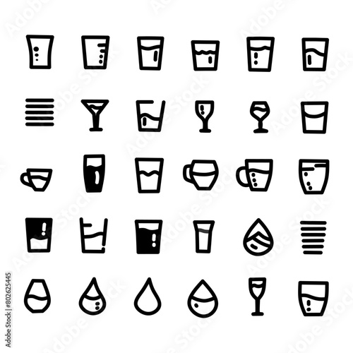 Various shapes of icons for glasses full of water, half and grains of mineral water. Vector symbol illustration