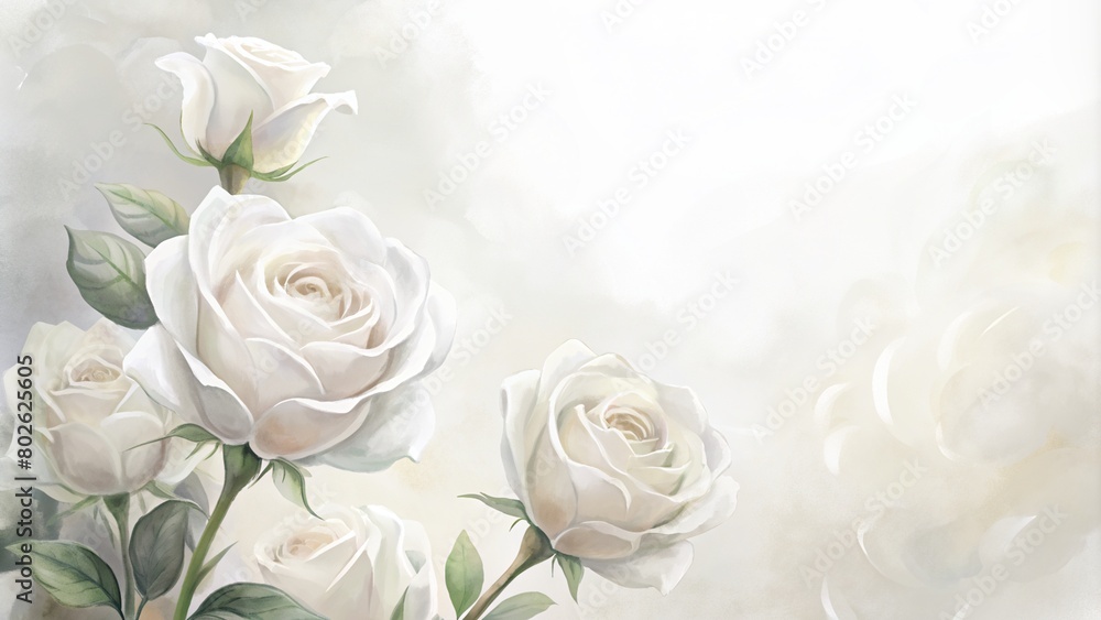 Digital painting of white roses with empty area for text.