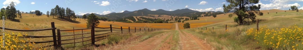 Panoramic View of a Golden Field with a Rustic Wooden Fence, Emphasizing Rural Beauty and Agricultural Landscapes