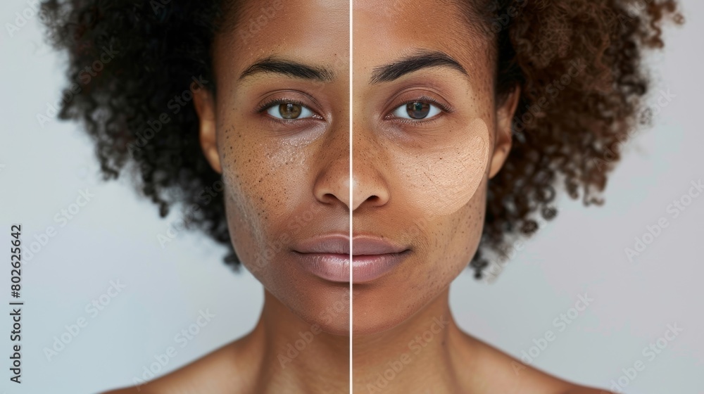 A before and after comparison of a persons skin transformation after following a customized skincare regimen. A before and after comparison of a persons skin transformation after following a customized skincare regimen.