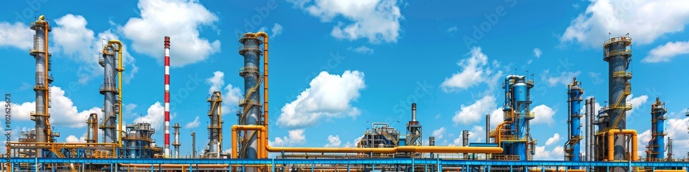 Expansive Industrial Landscape of an Oil Refinery Against a Clear Blue Sky, Symbolizing Energy Production and Engineering Prowess Expansive Industrial Landscape of an Oil Refinery Against a Clear Blue Sky, Symbolizing Energy Production and Engineering Prowess