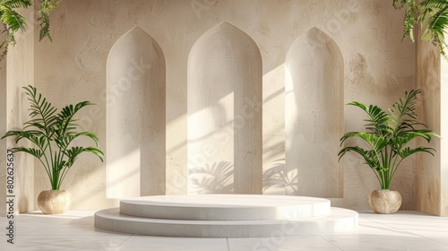 3d rendering of a scene with a podium and two arches in the background