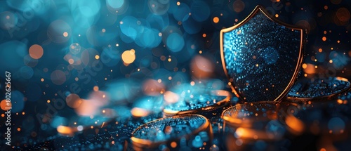 A blue and gold shield made of glitter with a glowing blue background of defocused lights. photo