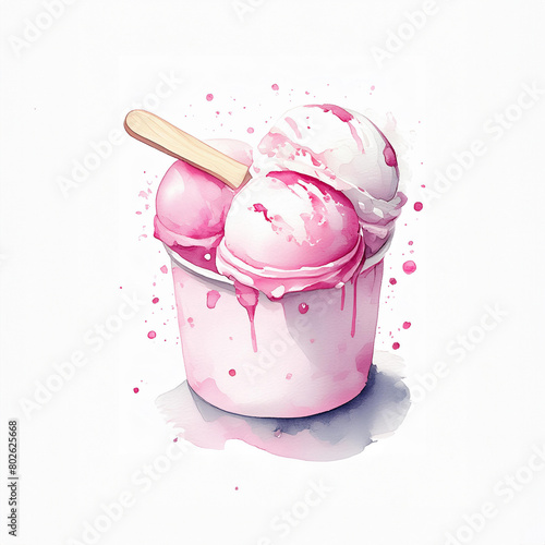 A cup of pink and white ice cream scoops, melting slightly, with a wooden stick inserted. Surrounded by vibrant splashes of color