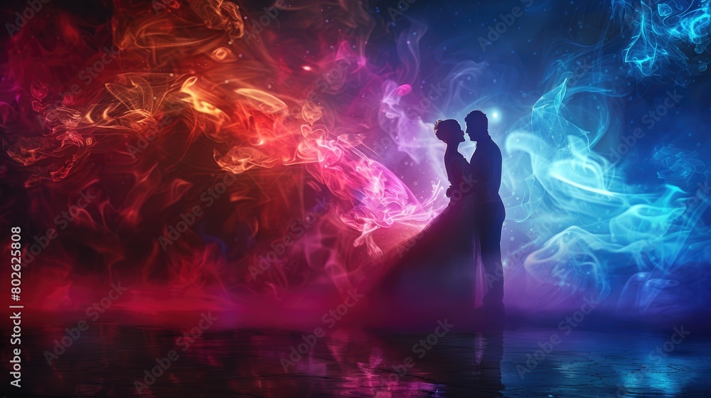 A couple is standing in the middle of a colorful smoke. A couple is standing in the middle of a colorful smoke.