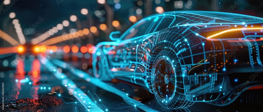 A digital wireframe of a sports car with a glowing blue and orange neon outline, on a dark background with a blurred cityscape in the distance.