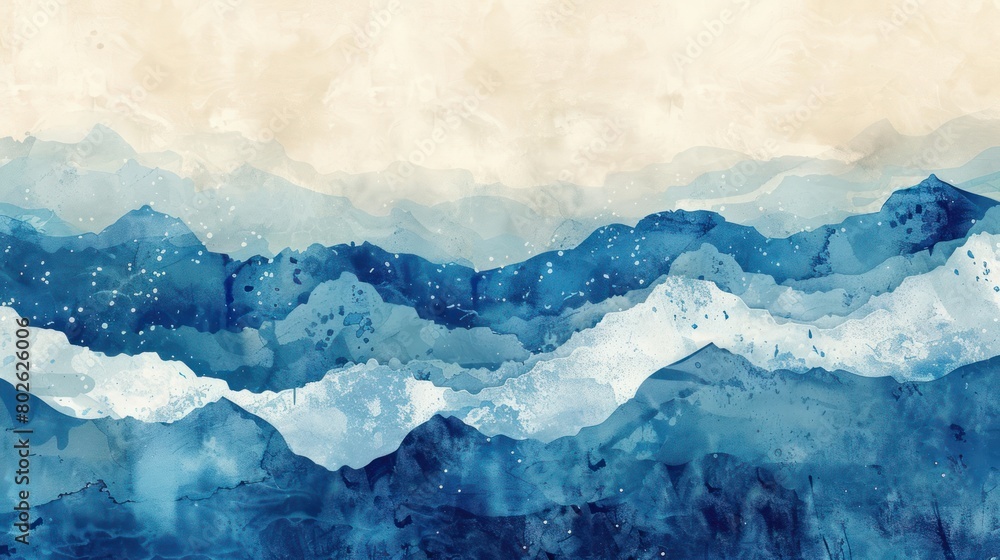 Blue brush stroke texture with ocean wave pattern in vintage style. Abstract art landscape banner with watercolor