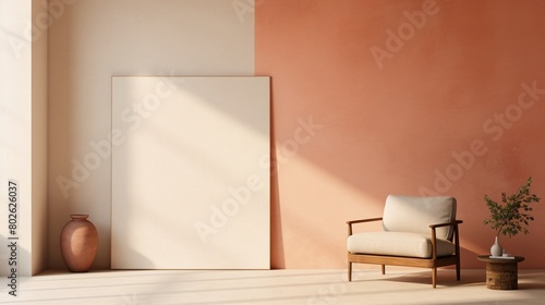 A tranquil setting adorned with terracotta accents, showcasing a minimalist beige chair and a vacant frame against a subtle wall backdrop.  © Malik