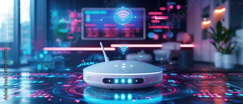 A glowing white and blue futuristic router in a home with a blue and purple neon glow.