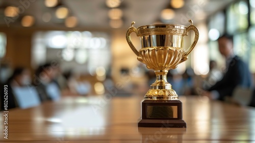 A gold trophy sits on a wooden table in the foreground with an out of focus background of people sitting around a table in a restaurant.