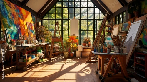 A vibrant and eclectic artist's studio filled with paints, brushes, easels, and colorful canvases, bathed in natural light streaming through skylights.  photo