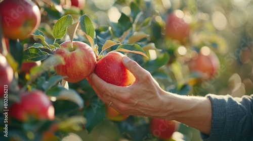 A hand picking a ripe apple from a tree in an orchard.