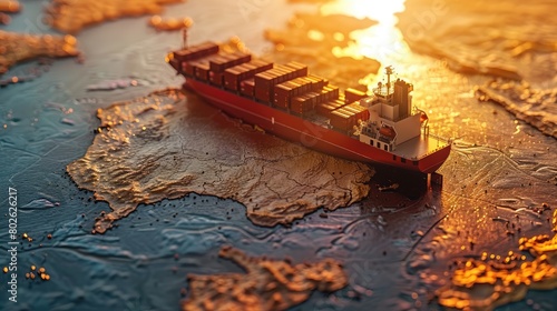 A large container ship sails on a stylized map of the world.