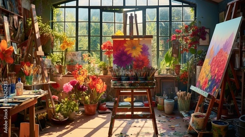 A vibrant and eclectic artist's studio filled with paints, brushes, easels, and colorful canvases, bathed in natural light streaming through skylights.  photo