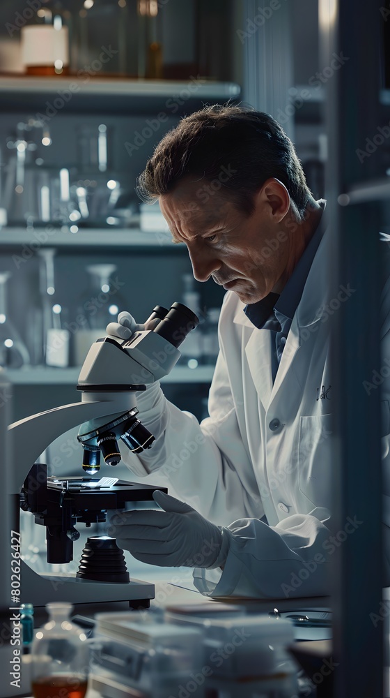 Scientist Examining Specimen Under Microscope in Laboratory Scientist Examining Specimen Under Microscope in Laboratory