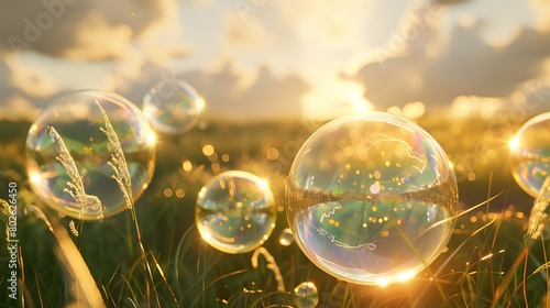 Surreal Floating Soap Bubbles Over Lush Field with Dream-Like Landscapes