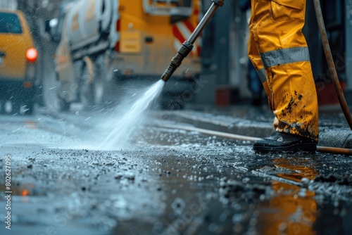 A worker in a yellow suit power washing a city street.