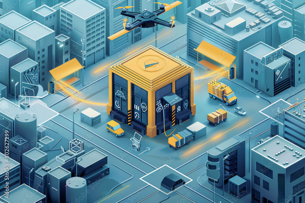Drones delivering packages in city Drones delivering packages in city