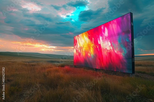 A large LCD screen stands in the middle of an open field. In the evening, there are no people. photo