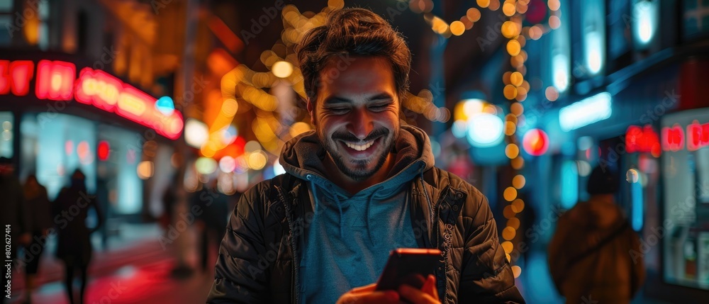 A young man is smiling while looking at his phone in the city at night. A young man is smiling while looking at his phone in the city at night.